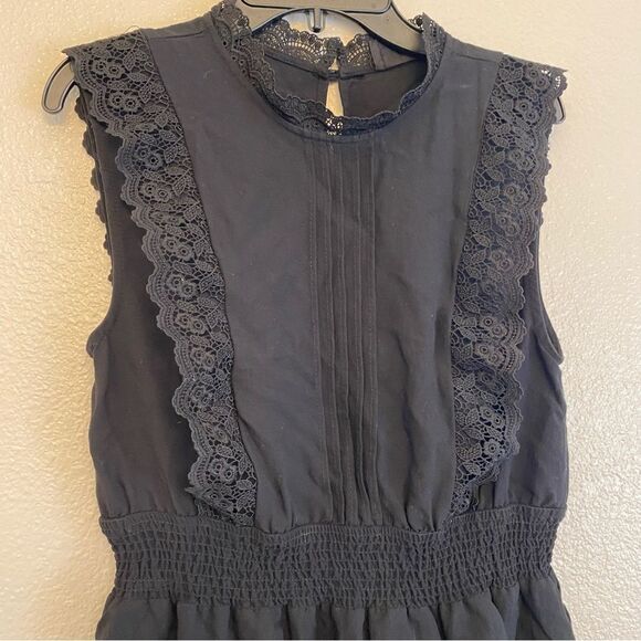 Black Lace trim sleeveless elastic waist whimsy goth festival mock rayon Dress L - Picture 3 of 9